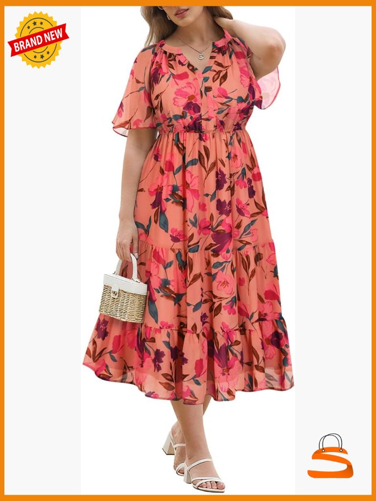 Plus Size Ruffle Sleeve V-Neck Flowy Midi Dress With Pockets